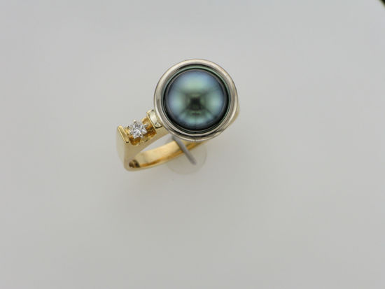 Image sur Bague en or jaune et blanc avec perle noire de Tahiti et diamant