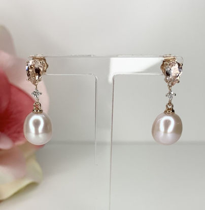 Image de Boucles d'oreilles perles d'eau douce, morganites, diamants et or rose